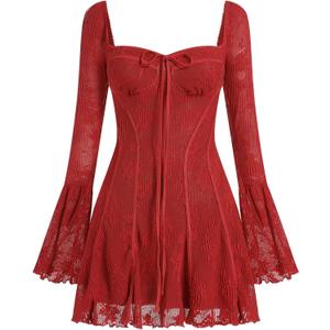 Women's Short Corset Y2k Mini Dress Long Sleeve Low Cut Lace Dress Vintage Solid Floral Party Dresses