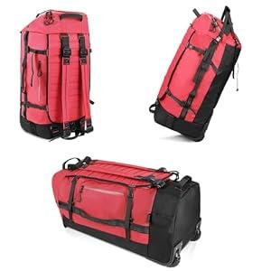 4 x CONTAIL 86L Foldable Wheeled Duffel Backpack with Padded Quilted Bottom, Waterproof Collapsible Travel Duffle Bag with Extended Web Handles, No Telescope Handle, Red