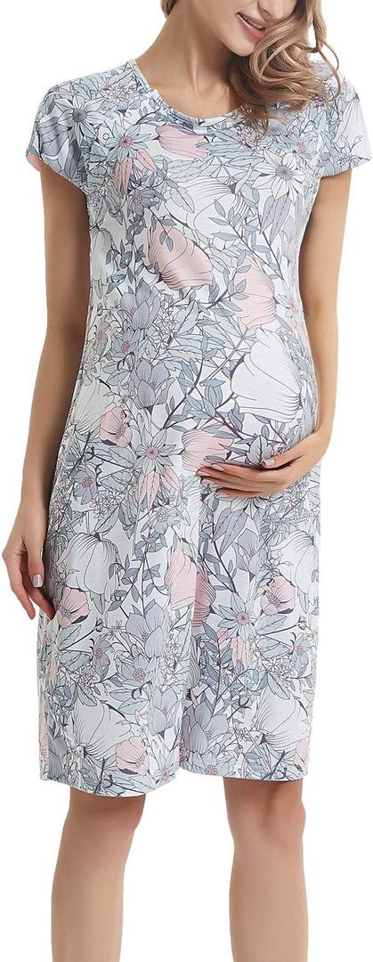 GINKANA Maternity Labor Delivery Hospital Gown Breastfeeding Nursing Nightgown Nursing Nightdress (Small, White Gray With Flower, Large)