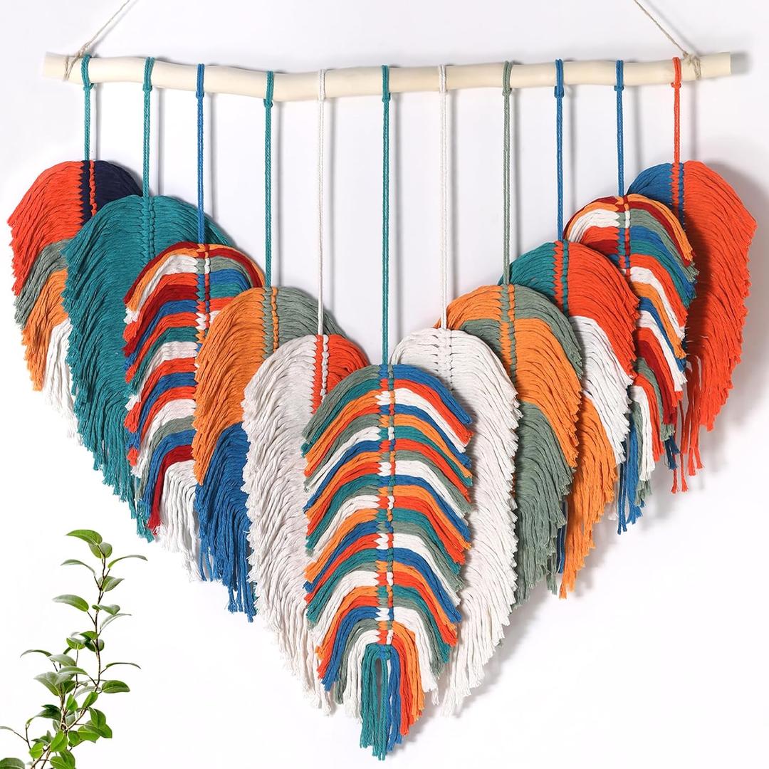 Amestrina Large Macrame Wall Hanging, Boho Chic Macrame Wall Decor, Bohemian Leaf Feather Macrame Wall Art, Handmade Macrame Wall Hanging Tapestry for Bedroom Living Room 31" Wx 31" L (Orange)