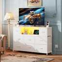 Simple Deluxe TV Stand Dresser with 8 Fabric Drawers and Open Shelves, Entertainment Center with LED Lights & Charging Station, Wood Top for 45" -55" TV, for Bedroom/Living Room/Hallway, White