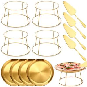 Yiyiring 12 Pcs Pizza Stand Set: 4 Metal Stands, 4 Pizza Pans, 4 Spatulas for Weddings, Party(Gold,Round)