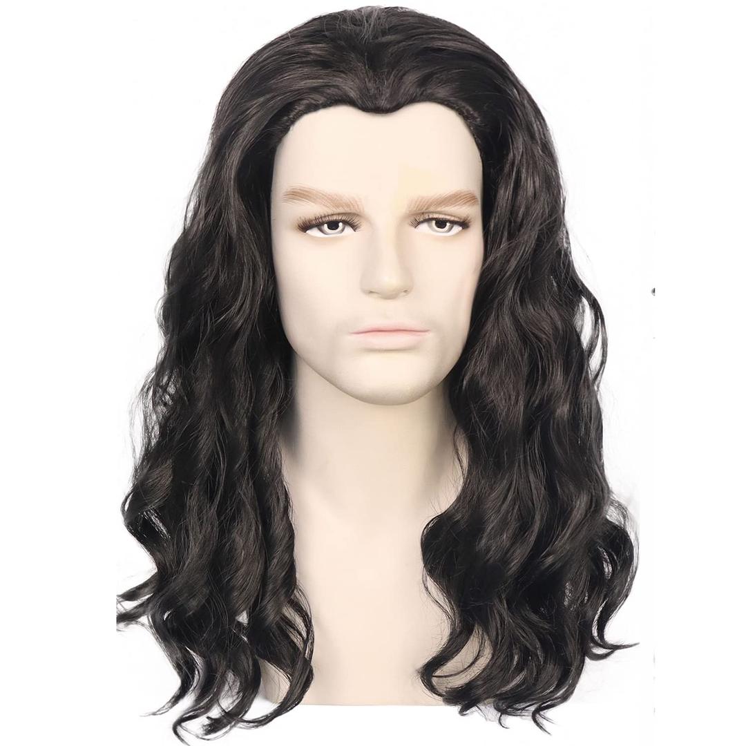 Mens Black Wig Hippie Male Long Wavy 80s Black Wig for Men Cosplay Halloween Costume Hair