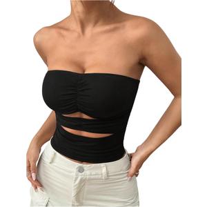 Floerns Women's Cut Out Ruched Bust Strapless Y2k Tube Sleeveless Bandeau Top (Black, L)