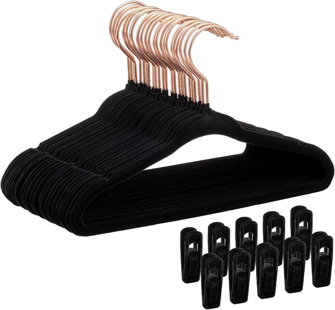 Velvet Baby Hangers 30 Pack - 11 Inch Premium Felt Non Slip Kids Hanger for Infant Toddler Clothes - 0.2" Ultra Thin Baby Clothes Hangers for Children's Closet with 10 Hanger Clips - Black