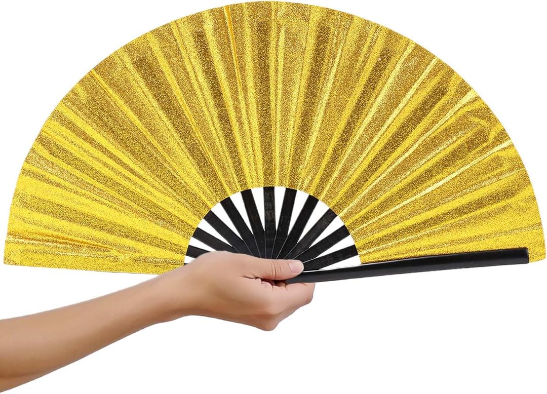 13" Glitter Large Clack Fan for Line Dancing & Rave, Foldable Hand Fan with Loud Popping Sound, Durable Iridescent Festival Accessories for Dance, EDM, Party, Cosplay (Gold)