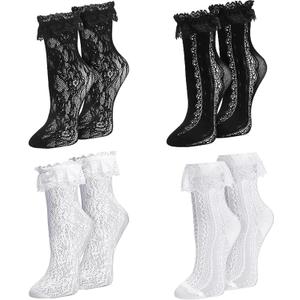 Womens Lace Ankle Socks Ruffle Frilly Dress Socks Sexy Mesh Lace Trim Lolita Sock Lacy Ruffled Bootie Sock for Woman (2 Pairs White + 2 Pairs Black), 5-11