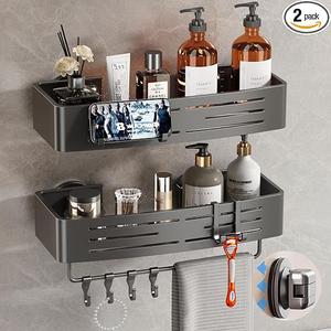 Voldra Corner Shower Caddy Suction Cup, 2 Pack Corner Shower Shelves No Drilling, Aluminum Upgrade Suction Cup Shower Organizer with Towel Bar & Hooks Removable Bathroom Storage Rack(Gray)