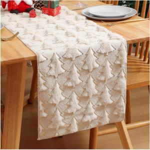 Christmas Tree Soft Plush Faux Fur Christmas Table Runner Winter Holiday Kitchen Dining Table Decoration for Home Party Decor (Beige, 13X72 Inch)
