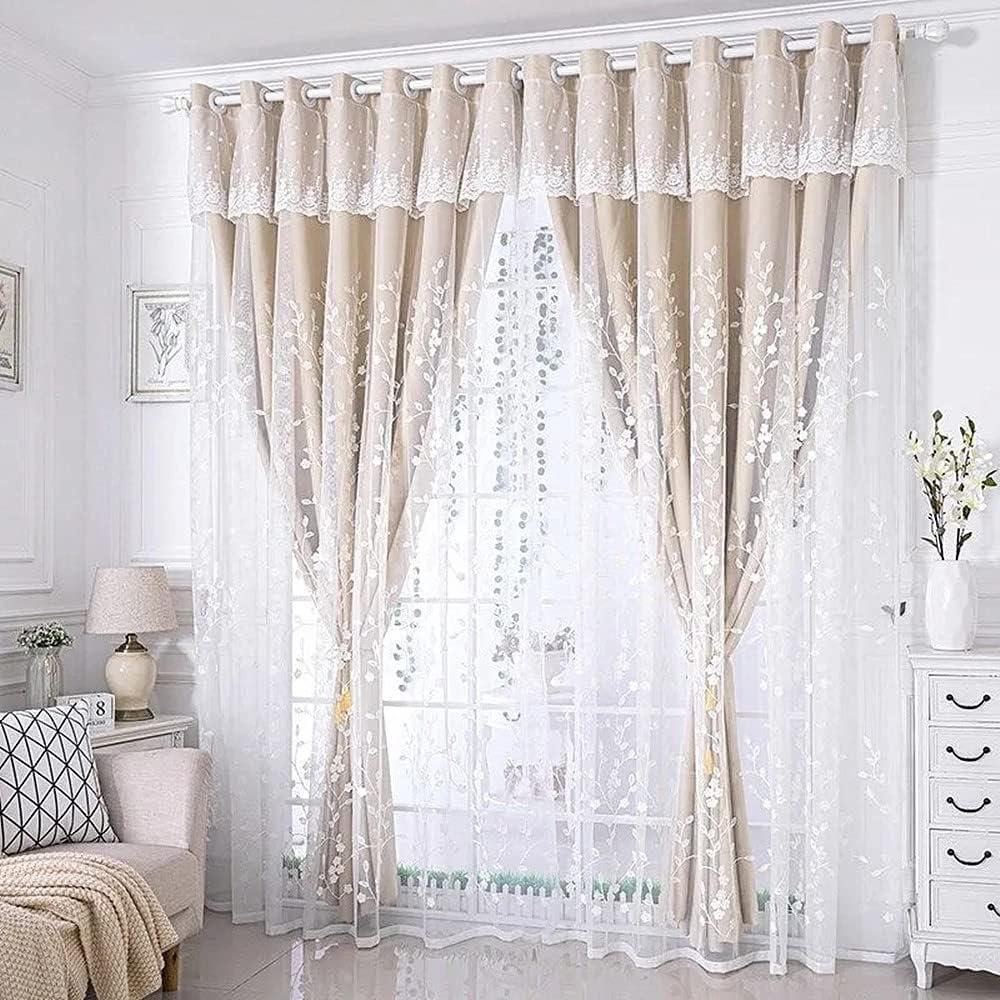 Amidoudou 1 Pair Double Layer Flower Curtains for Girls Room Living Room Pastoral Flowers and Leaf Embroidered Curtains for Bedroom (Beige, 54x96 Inch)