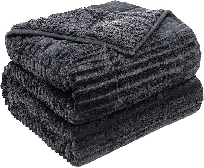 Sherpa Fleece Adult Weighted Blanket with Ribbed Stripes, 15 Pounds Dual Sided Soft Plush Blanket for Couch Bed Sofa, Heavy Thick Blankets with Ceramic Beads Great for Sleep, Dark Grey, 48" x 72"