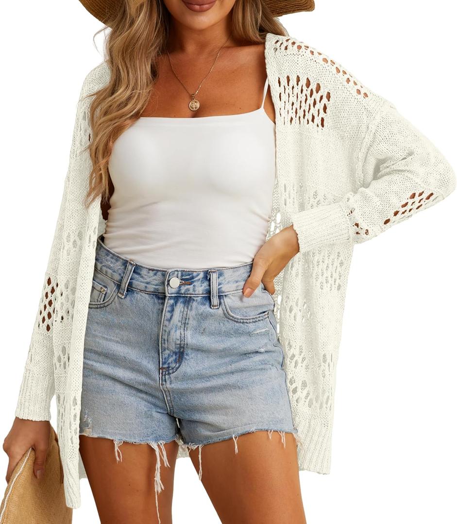 GRECERELLE 2025 Women Summer Crochet Boho Long Sleeve Lightweight Oversized Open Front Cardigan Sweaters Kimonos Tops (Large, 01 White)