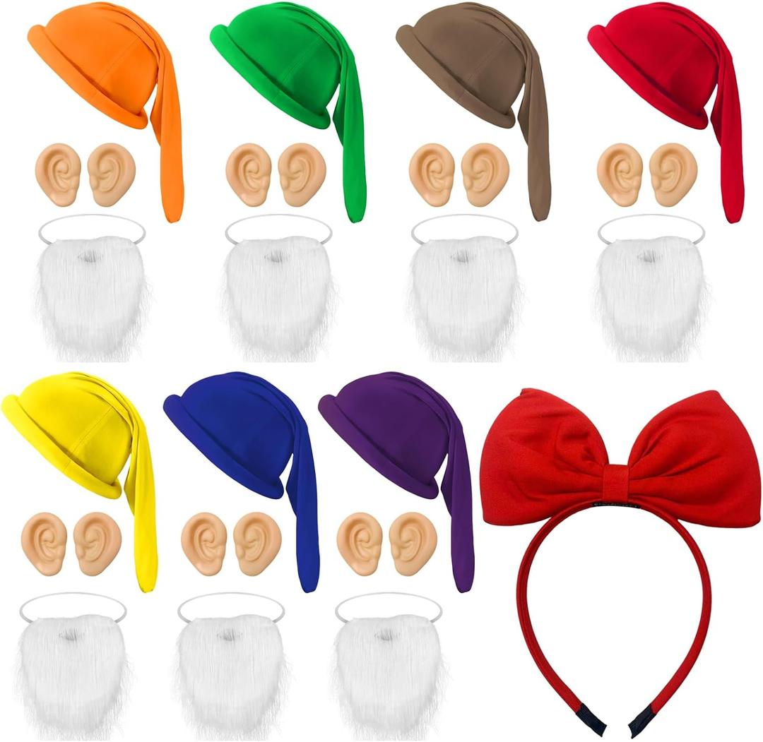 22 Pcs Halloween Dwarf Cosplay Costumes Hats Gnome Fake Ears,Fake Beard and Red Princess Hairband for Halloween Party Adult Dwarf Set