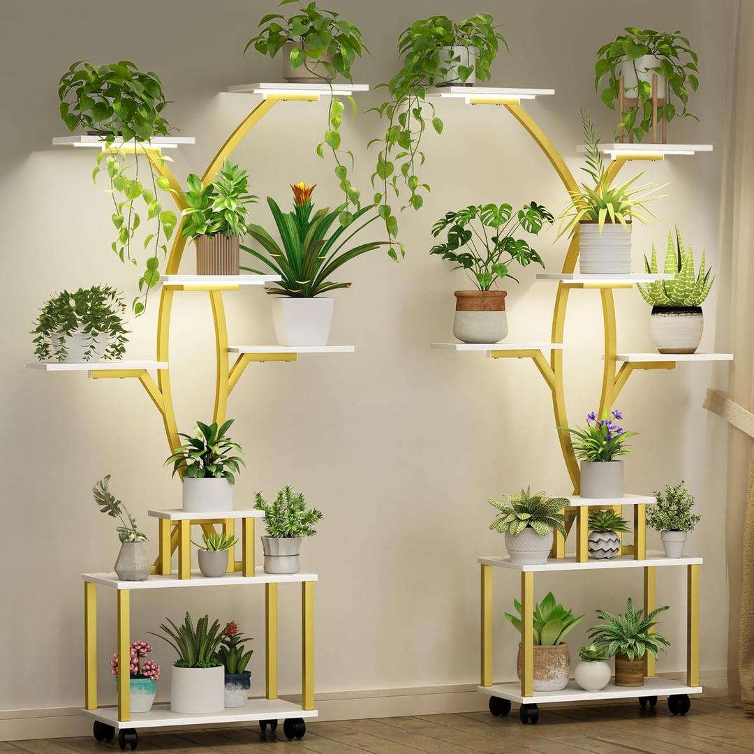 62" Plant Stand with Grow Light, 8-Tier Indoor Plant Shelf, Corner Shelf Stand for Indoor Plants, Space-Saving Plant Holder for Home Decor, 2 Pack, Gold