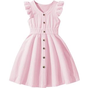 Girl Summer Striped Dress Ruffle Sleeve A Line Swing Casual Midi Dresses Pink 11-12Y (Pink)