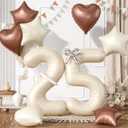 25 Cream White Balloons, 25 Number Balloons Set, Beige Number 25 Balloons, Brown Sand White Foil Star Heart Balloon With Long Balloon For 25th 52nd Birthday Party 1st 5th Baby Shower Decor