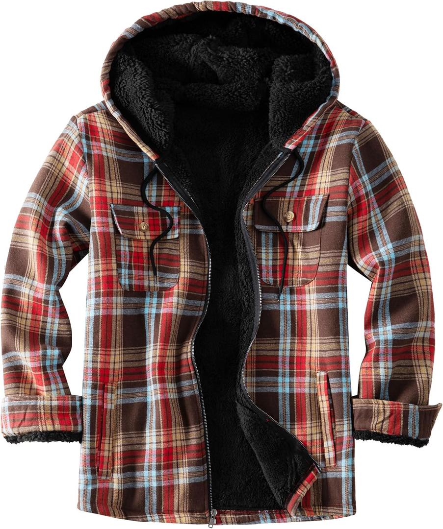 Men's Flannel Plaid Hooded Jackets Full Zip Sherpa Fleece Lined Hoodies Fashion Warm Coat (X-Large, Red Brown Blue)