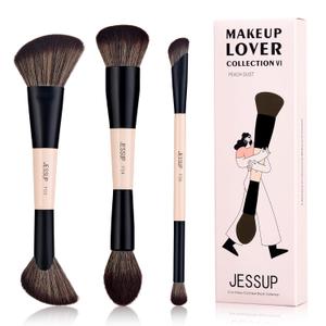 Jessup Face Makeup Brushes 3pcs Double Ended Makeup Brush Set for Foundation Contour Blush Highlight and Powder, Premium Synthetic Make up Brushes Peach Dust T508