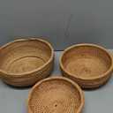 Honey Brown Natural Rattan Bread Basket Set of 3 - Handwoven Round Wicker Serving Bowls for Fruit, Snacks, Kitchen Counter Organizing | Stackable Farmhouse Decor