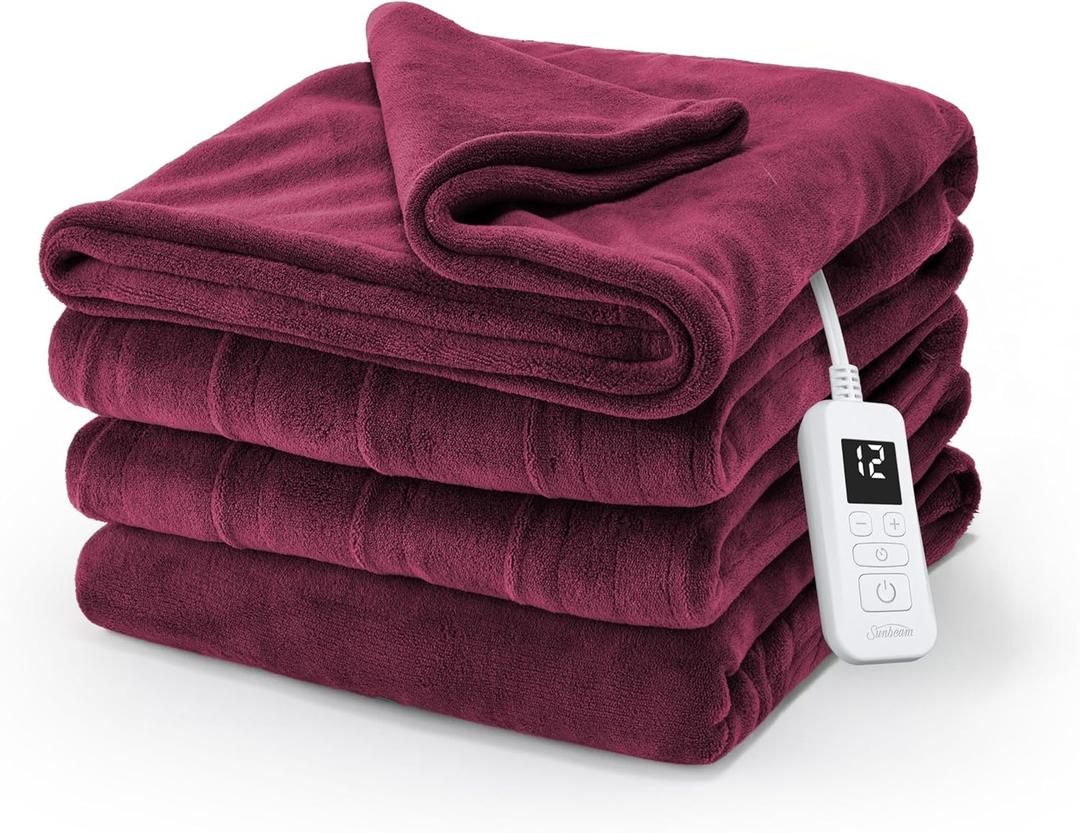 Sunbeam Electric Royal Luxe Microplush Heated Blanket, 12 Heat Settings, 12-Hour Auto Shut-Off, Fast Heating, Warm & Cozy, Machine Washable, Cabernet Color, Twin (84" x 62")
