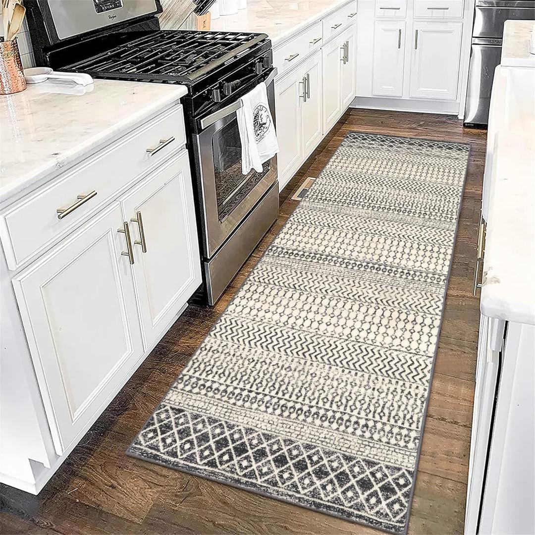 Moroccan Washable Runner Rug, 2x6 Ultra Soft Non-Slip Vintage Boho Hallway Kitchen Runner Rug Floor Carpet for Bedroom Bathroom Laundry Living Room (Black)