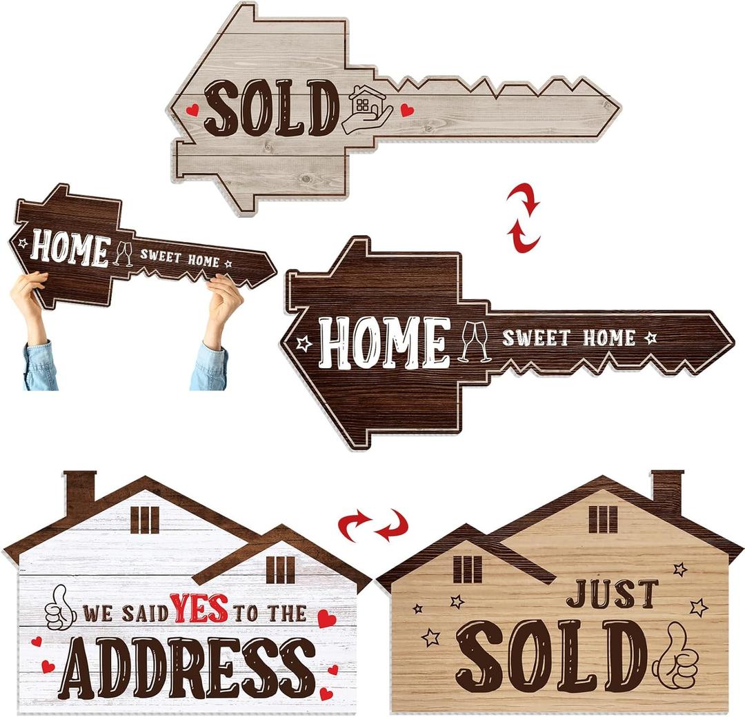 2 Pcs Extra Large Real Estate Sold Sign for New Homeowners, 26.5" and 24.1", Corrugated Board Double Sided Social Media Photo Props Home Key Shaped Closing Gifts for Buyers agent (Classical)
