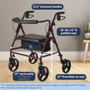 Medline Large Steel Bariatric Rollator Walker with Adjustable Handles, Padded Seat & Backrest, Burgundy, 500 lb. Weight Capacity, Foldable with Storage, 8" Wheels, Rolling Walker For Seniors & Adults