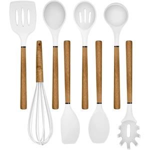 Country Kitchen Non Stick Silicone Utensil Set with Rounded Wood Handles for Cooking and Baking, 8 Piece Set, White