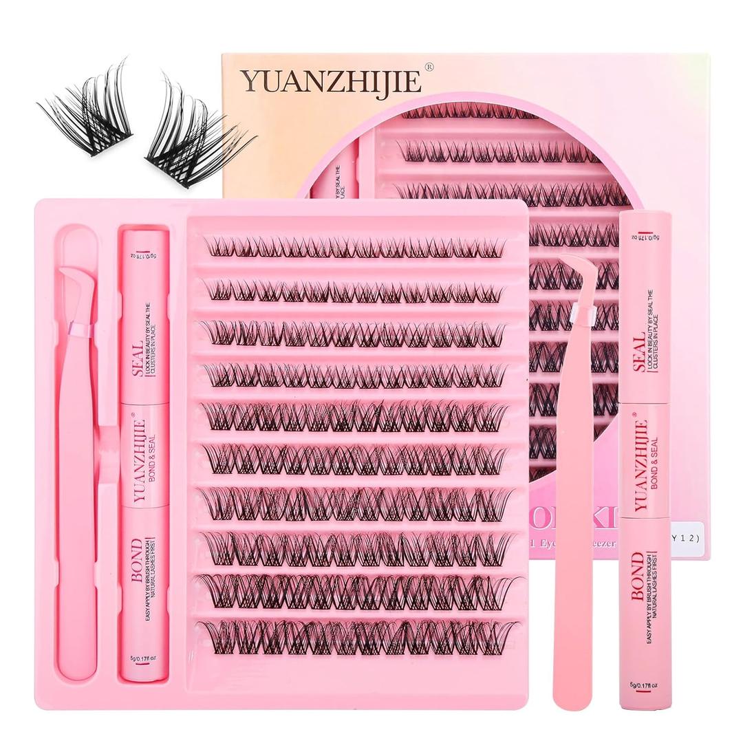 DIY Lash Extension Kit Individual Lashes D Curl Eyelash Extension Kit 8-16mm Mix Lash Clusters with Lash Bond and Seal & Lash Tweezers for Self Application at Home (0.07-D-Mix-Kit90)