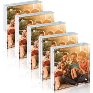 Egofine 5x5 Acrylic Frames 5 Pack, 20mm Thicker Frameless Clear Picture Frames, Double Sided Magnetic Picture Frames, Free Standing Desktop Display