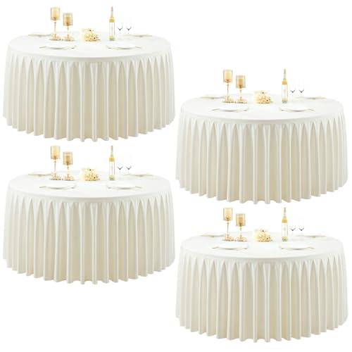 4 Pack Ivory Round Tablecloth 60 inch Stretch Spandex Fitted Table Cloth 5FT Round Banquet Tablecloths Wrinkle Free Table Cover Stitch Circle Tablecloth with Ruffle Skirt for Party Wedding Birthday