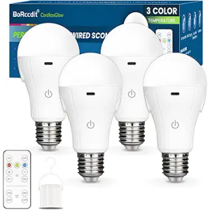 CordlessGlow 15W A19 Rechargeable Light Bulbs with Remote, 3 Color Temperatures + Dimmable Battery Powered Light Bulbs,up to 24 Hours