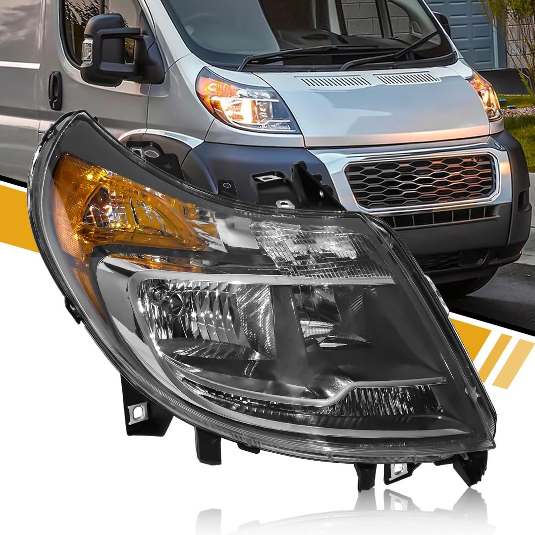 CLERYYE 6 Pins Headlight Assembly W/DRL Compatible with Dodge RAM Promaster 1500 2500 3500 2014-2022, Halogen Headlamp Replacement W/Bulbs, Chrome Housing, 68154589AK CH2502291 Left Driver Side