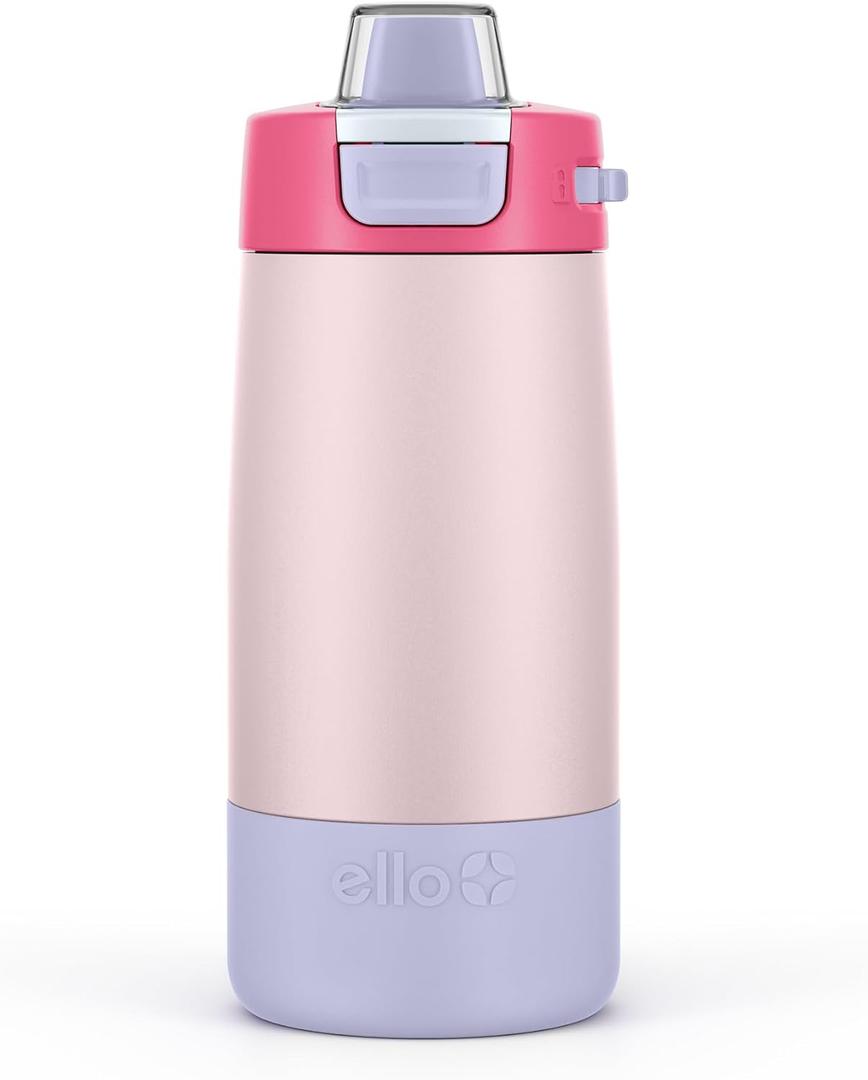 Ello Kids Colby 12oz Stainless Steel Insulated Water Bottle with Straw and Built-In Silicone Coaster Carrying Handle and Leak-Proof Locking Lid for School Backpack, Lunchbox, and Outdoor Sports (Bubble Berry)