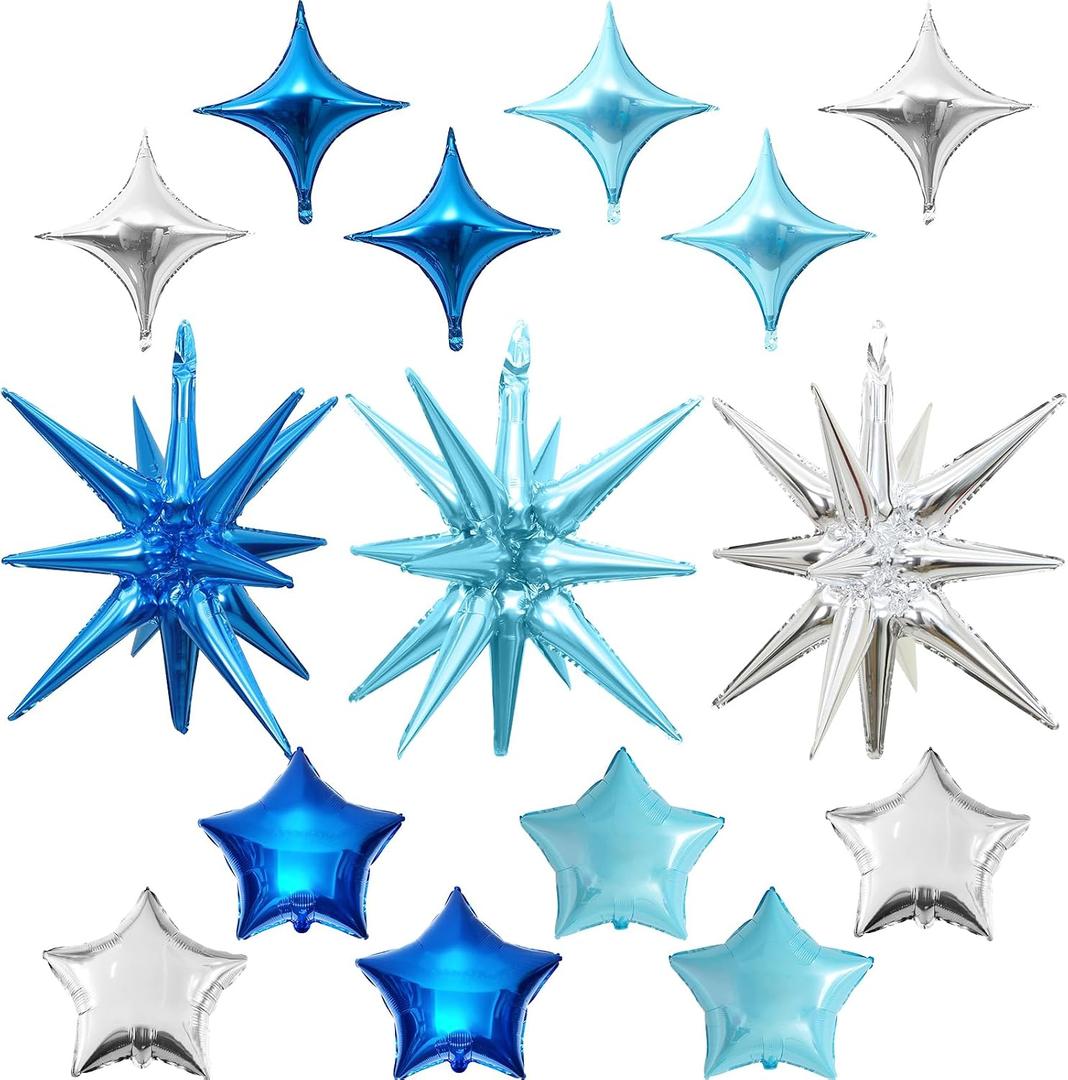 2 x Blue Silver Star Balloons, 22in Large Star Balloons Foil 10in 4-Pointed & Pentagram Balloon for Graduation Baby Shower Space Themed Birthday Party Decorations