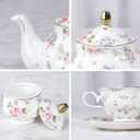 fanquare 21 Pieces Pink Blue Floral Porcelain Tea Set with Gold Trim, British Style Coffee Set for Adults, Vintage Romantic Gift Tea Sets for Wedding, Birthday, Women Tea Party
