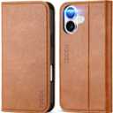 TUCCH Case for iPhone 16, PU Leather Flip Wallet Stand Folio Cover with [RFID Blocking] [3 Credit Card Slot] Shockproof [Soft TPU Interior Case] Compatible with iPhone 16 2024, Light Brown