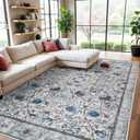 8x10 Area Rug Floral - Washable Rugs for Living Room Vintage Area Rugs Large Low Pile Carpets for Bedroom Soft Non Slip Area Rug for Dining Room Office 8x10 Blue/Cream