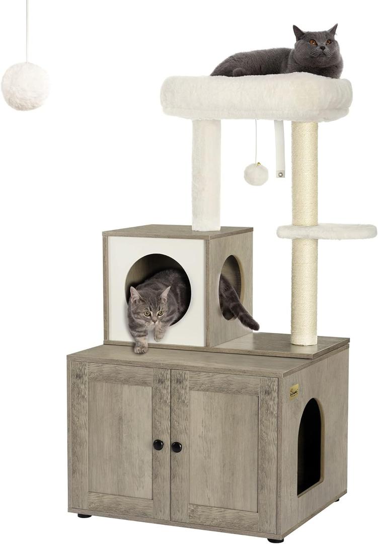 FourFurPets Multipurpose Litter Box Enclosure, Cat Tree and Condo, Side Table, with Large Platform, Cat House, Full Sisal Posts, Removable Washable Cushion, Greige (23.6"L x 19.5"W x 44.9"H)