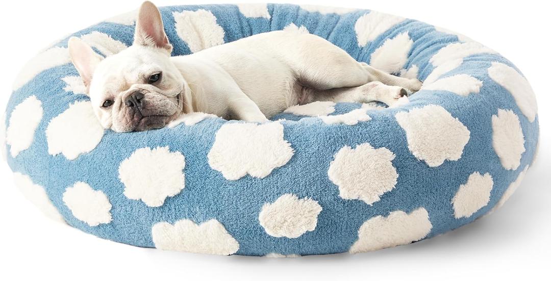 LE SURE Donut Dog Bed Medium Size Dog - Round Cat Beds for Indoor Calming Pet with Washable Cover, Cute Modern Puppy Beds with Jacquard Shaggy Plush & Anti Slip Bottom, 30 Inch, Blue (Cozy Clouds Blue)