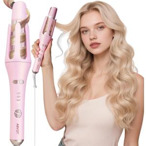 Automatic Curling Iron, Long Barrel 1.5 inch Rotating Curling Iron Wand for Womens Long Hair, Ceramic Hair Curlers with 2-Way Opening, Dual Voltage, 600M Ions for Bouncy Waves, Pink