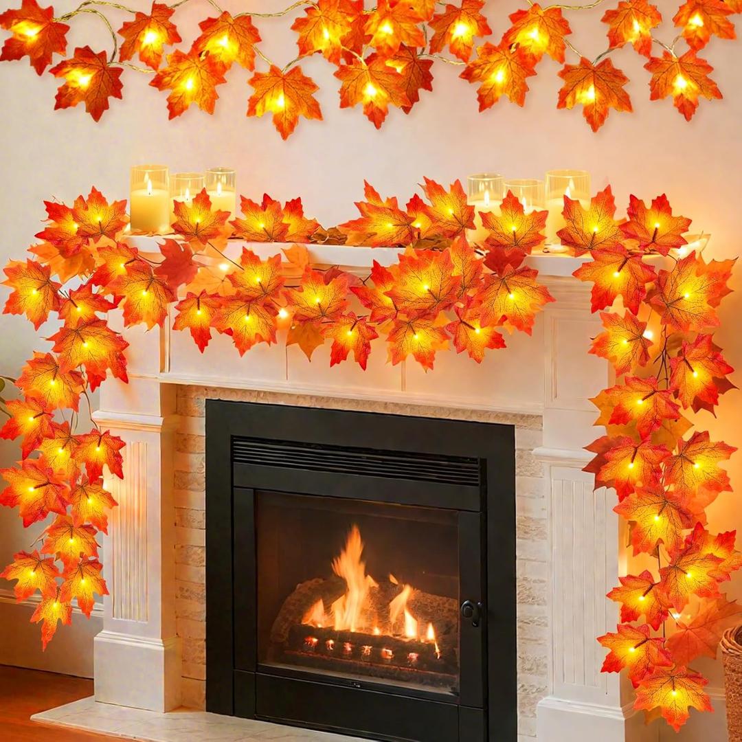 4 Pack Fall Decor Fall Garland with Lights Fall Decorations for Home, Total 40Ft 80LED Enlarged Maples Leaves Fall Lights Battery Operated Autumu Harvest Halloween Thanksgiving Decor Indoor Outdoor