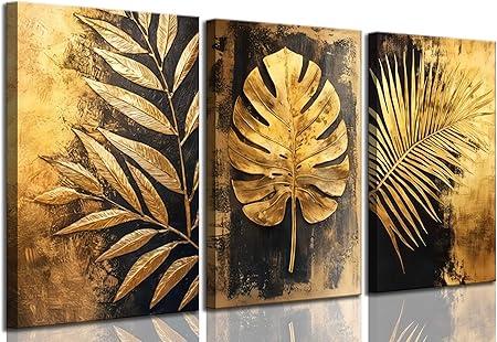 3 Pcs Gold Tropical Leaves Canvas Wall Art Luxurious and Elegant Jungle Gold Monstera Botanical Painting Picture Wall Decor Poster Print Artwork Living Room Bedroom Home Decoration
