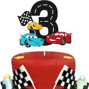 Race Car 3rd Cake Topper for Racing Car Checkered Flag Themed Kids Boy Girl 3th Years Old Happy Birthday Party Supplies Double Sided