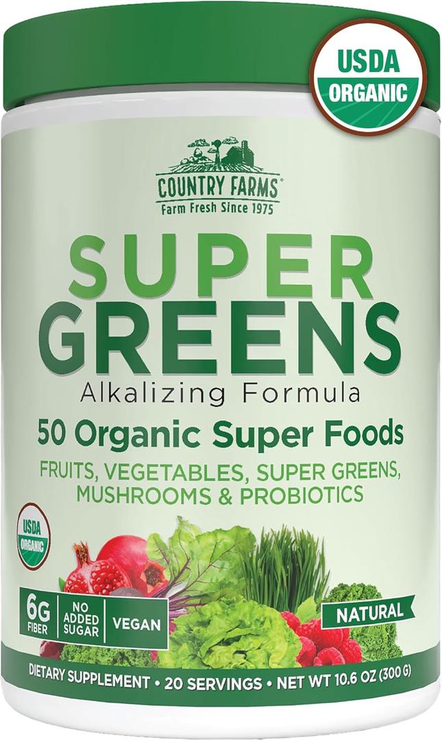 Country Farms Organic Super Greens Powder, 50 Organic Superfoods, Daily Greens Drink Mix with Fruits, Vegetables, Fiber, Probiotics & Mushrooms, Supports Energy, Gut Health & Digestion, Natural Flavor, BBD 06/2029