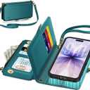 TUCCH Detachable Crossbody Wallet Case for iPhone 17 (6.3"), 9 Card Holders RFID Blocking | Lanyard | Wrist Strap | Wireless Charging | Zipper Pocket | PU Leather | Kickstand Flip Cover | Bluish Green