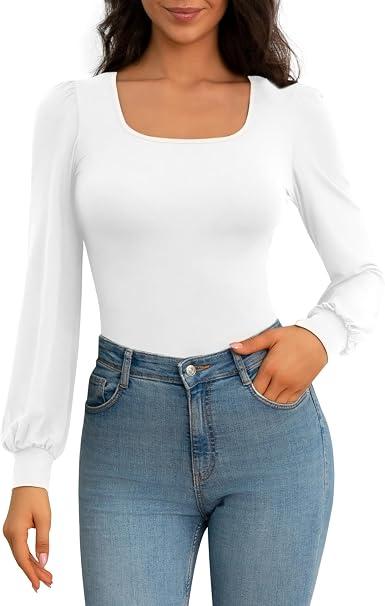 Square Neck Womens T Shirts Puff Sleeve Shirts for Women Long Slim Fitted Tee Tops S