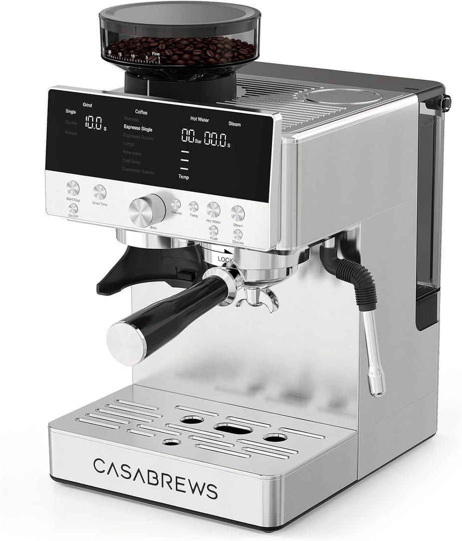 CASABREWS MARENZA Espresso Machine with Built-in Grinder and Steam Wand, PFAS-Free 20Bar Coffee Machine with LCD Display, Barista-Quality Cappuccino Latte Machine for Home Use