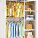 ULIFHOME F2C Clothes Rack with Cover, Clothing Racks for Hanging Clothes, Heavy Duty Garment Rack with Shelves and Hanger Rods, White Closet with Beige Cover, 47.2" W x 16.5" D x 78.3" H, Load 630lbs
