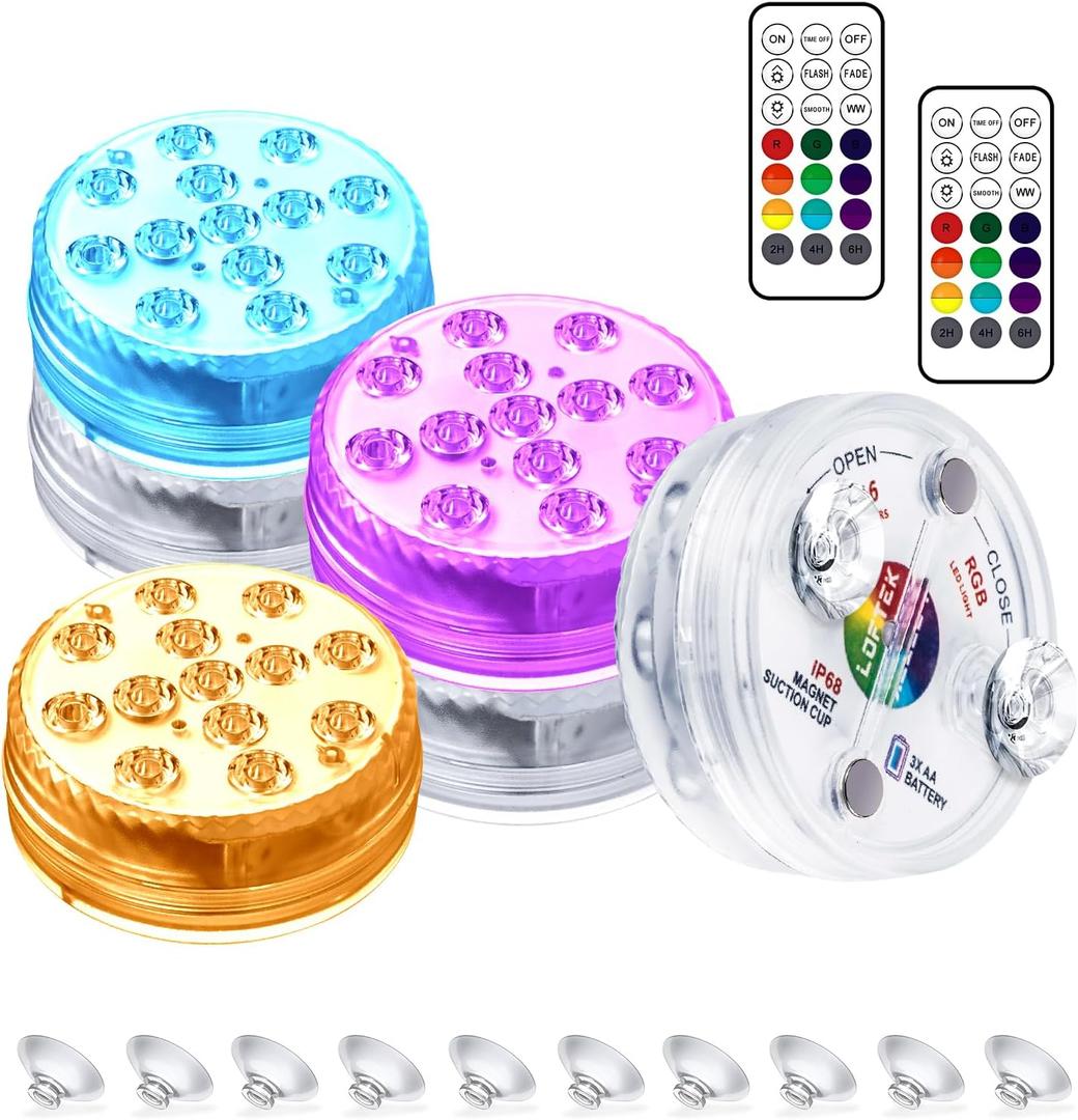 LOFTEK Submersible LED Lights with Remote, 13 LED Pool Lights for Inground Above Ground Pool with Magnets &Suction Cups, 16 Color Changing Underwater Light for Ponds Battery Operated, 6 Pack